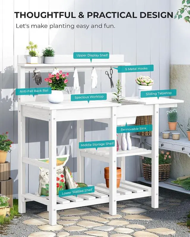 Alt view image 7 of 7 - Outdoor Potting Bench 2-Piece Set, Rot-Resistant HDPE Potting Table with Removable Sink for Outside Gardening, All-Weather Use - White