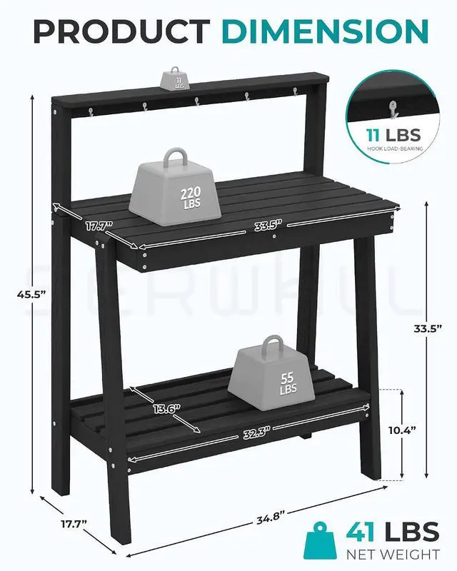 Alt view image 3 of 7 - Potting Bench Outdoor with Storage, 3-Tier HDPE Gardening Table with Angled Legs & Tool Hooks, All-Weather Heavy Duty Potting Table for Patio, Backyard, Garden, Black