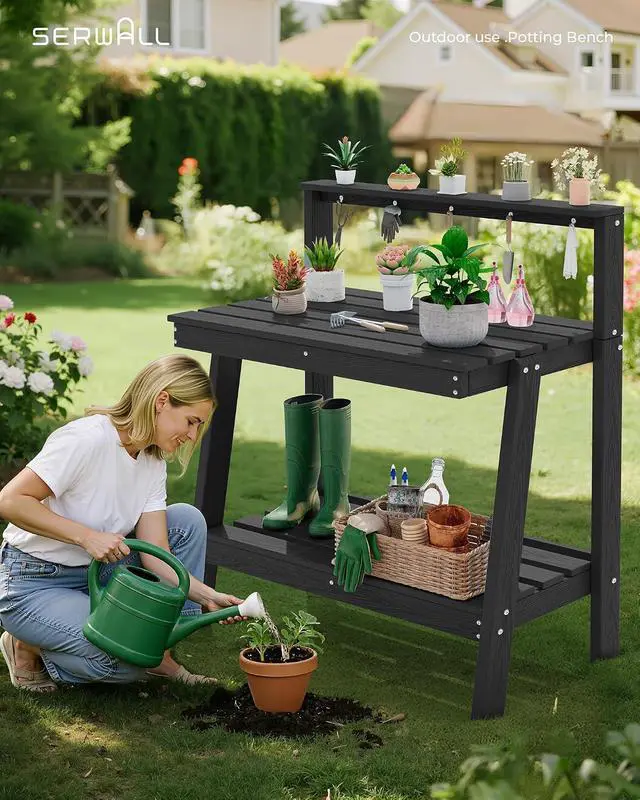 Alt view image 4 of 7 - Potting Bench Outdoor with Storage, 3-Tier HDPE Gardening Table with Angled Legs & Tool Hooks, All-Weather Heavy Duty Potting Table for Patio, Backyard, Garden, Black