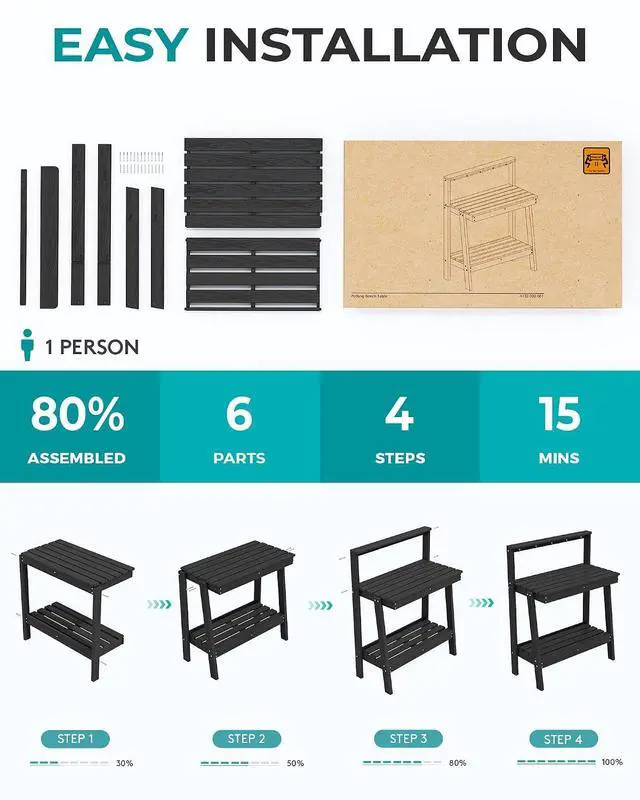 Alt view image 5 of 7 - Potting Bench Outdoor with Storage, 3-Tier HDPE Gardening Table with Angled Legs & Tool Hooks, All-Weather Heavy Duty Potting Table for Patio, Backyard, Garden, Black