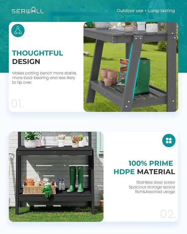 Alt view image 6 of 7 - Potting Bench Outdoor with Storage, 3-Tier HDPE Gardening Table with Angled Legs & Tool Hooks, All-Weather Heavy Duty Potting Table for Patio, Backyard, Garden, Black
