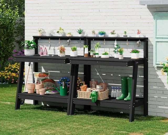 Main image of Potting Bench Outdoor with Storage Set of 2, 3-Tier HDPE Gardening Table with Angled Legs & Tool Hooks, All-Weather Heavy Duty Potting Table for Patio, Backyard, Garden, Black