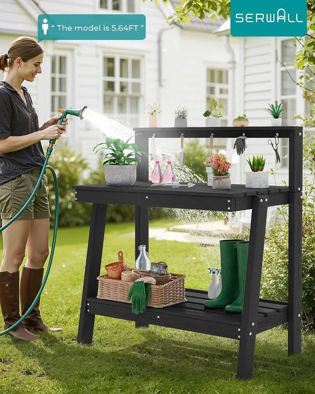 Alt view image 7 of 7 - Potting Bench Outdoor with Storage, 3-Tier HDPE Gardening Table with Angled Legs & Tool Hooks, All-Weather Heavy Duty Potting Table for Patio, Backyard, Garden, Black