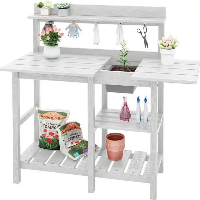 Main image of Outdoor Potting Bench with Removeable Sink,Rot-Resistant HDPE Potting Table for Outside Gardening, All Weather Use - White