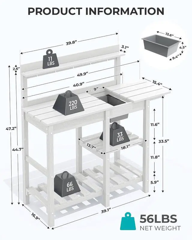 Alt view image 3 of 7 - Outdoor Potting Bench 2-Piece Set, Rot-Resistant HDPE Potting Table with Removable Sink for Outside Gardening, All-Weather Use - White