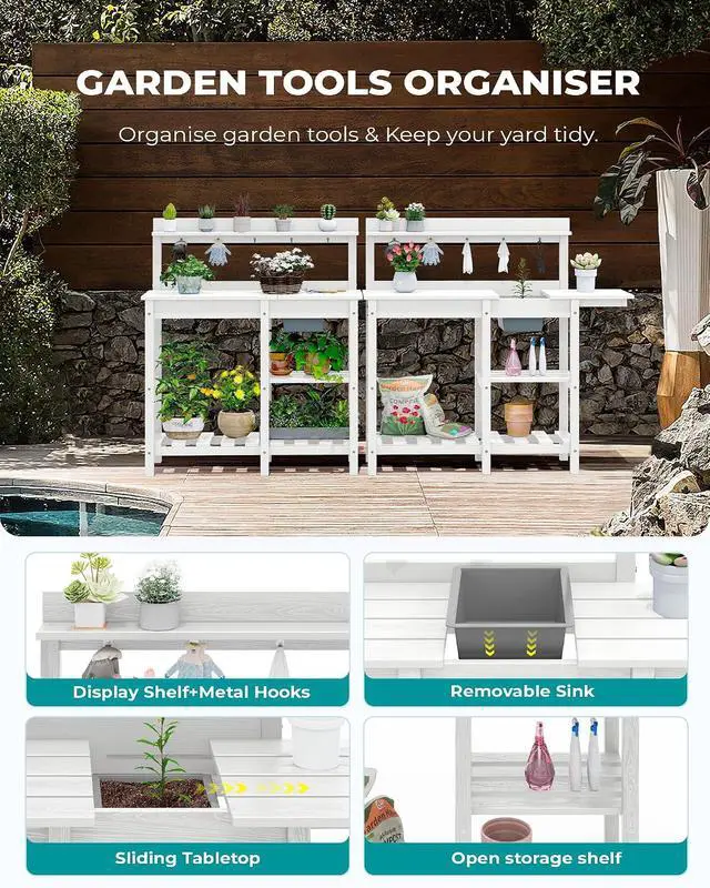 Alt view image 5 of 7 - Outdoor Potting Bench 2-Piece Set, Rot-Resistant HDPE Potting Table with Removable Sink for Outside Gardening, All-Weather Use - White