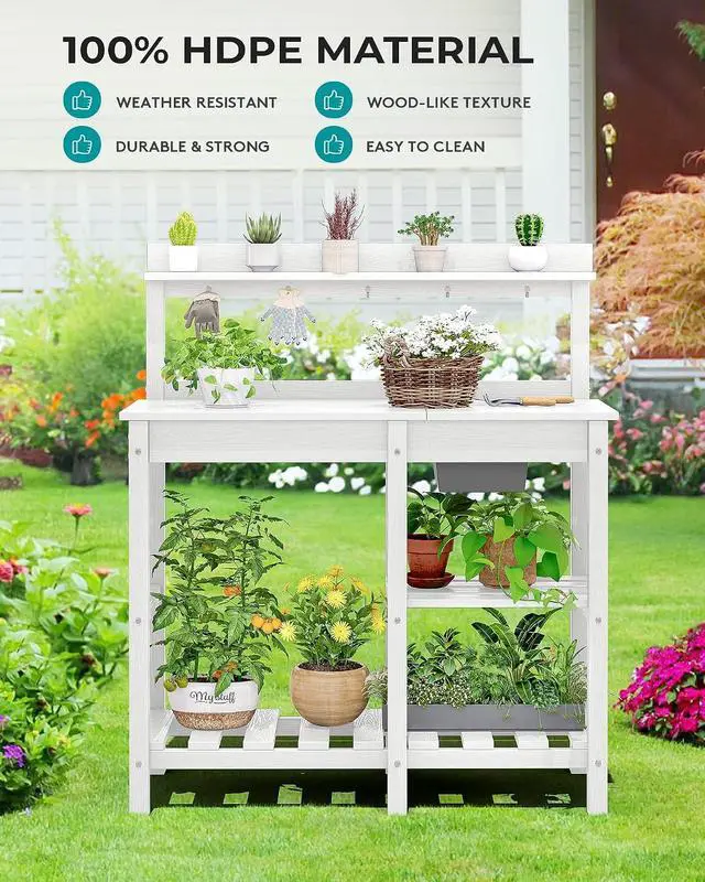 Alt view image 6 of 7 - Outdoor Potting Bench 2-Piece Set, Rot-Resistant HDPE Potting Table with Removable Sink for Outside Gardening, All-Weather Use - White