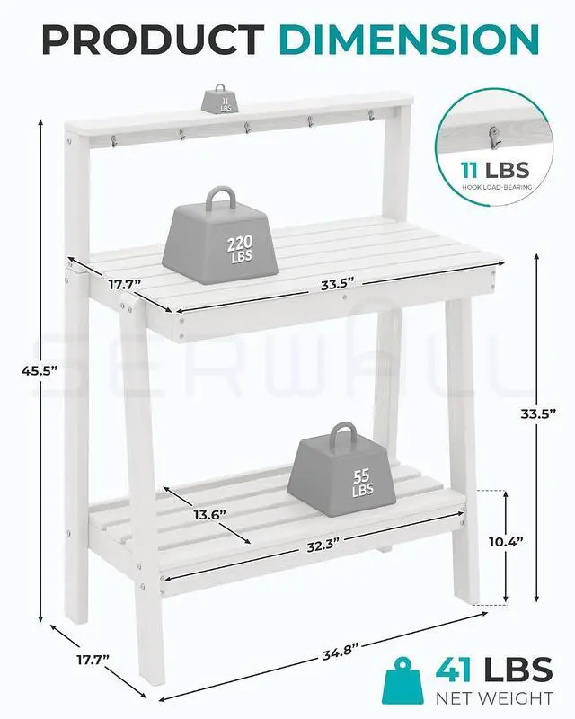 Alt view image 3 of 7 - Potting Bench Outdoor with Storage, 3-Tier HDPE Gardening Table with Angled Legs & Tool Hooks, All-Weather Heavy Duty Potting Table for Patio, Backyard, Garden, White
