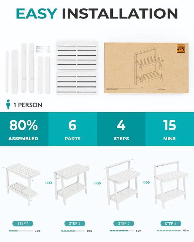 Alt view image 6 of 7 - Potting Bench Outdoor with Storage, 3-Tier HDPE Gardening Table with Angled Legs & Tool Hooks, All-Weather Heavy Duty Potting Table for Patio, Backyard, Garden, White