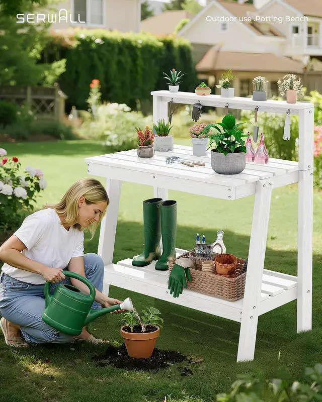 Alt view image 4 of 7 - Potting Bench Outdoor with Storage, 3-Tier HDPE Gardening Table with Angled Legs & Tool Hooks, All-Weather Heavy Duty Potting Table for Patio, Backyard, Garden, White