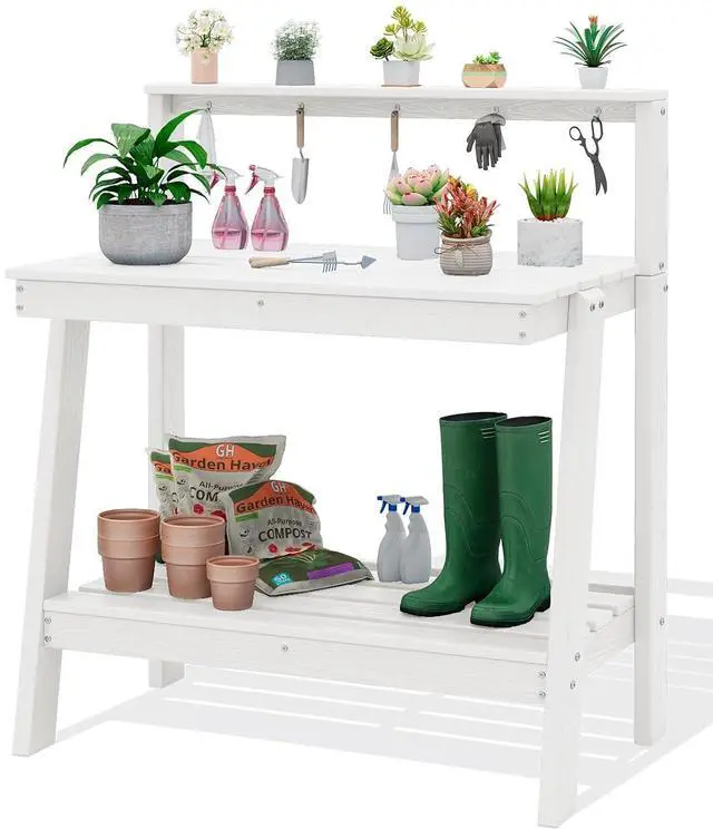Main image of Potting Bench Outdoor with Storage, 3-Tier HDPE Gardening Table with Angled Legs & Tool Hooks, All-Weather Heavy Duty Potting Table for Patio, Backyard, Garden, White