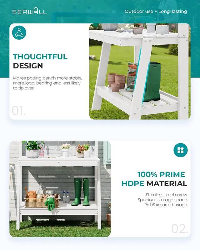 Alt view image 7 of 7 - Potting Bench Outdoor with Storage, 3-Tier HDPE Gardening Table with Angled Legs & Tool Hooks, All-Weather Heavy Duty Potting Table for Patio, Backyard, Garden, White
