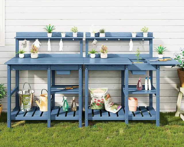 Main image of Outdoor Potting Bench 2-Piece Set, Rot-Resistant HDPE Potting Table with Removable Sink for Outside Gardening, All-Weather Use - Blue
