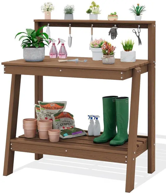 Main image of Outdoor Potting Bench with Storage, 3-Tier HDPE Gardening Table with Angled Legs & Tool Hooks, All-Weather Use Heavy Duty Potting Table for Patio, Backyard, Garden, Brown
