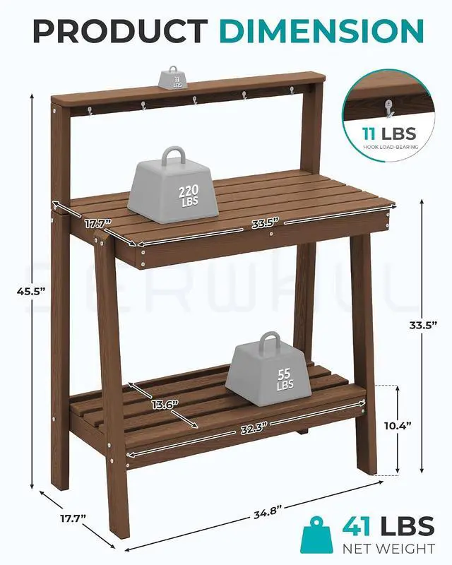 Alt view image 3 of 7 - Outdoor Potting Bench with Storage, 3-Tier HDPE Gardening Table with Angled Legs & Tool Hooks, All-Weather Use Heavy Duty Potting Table for Patio, Backyard, Garden, Brown