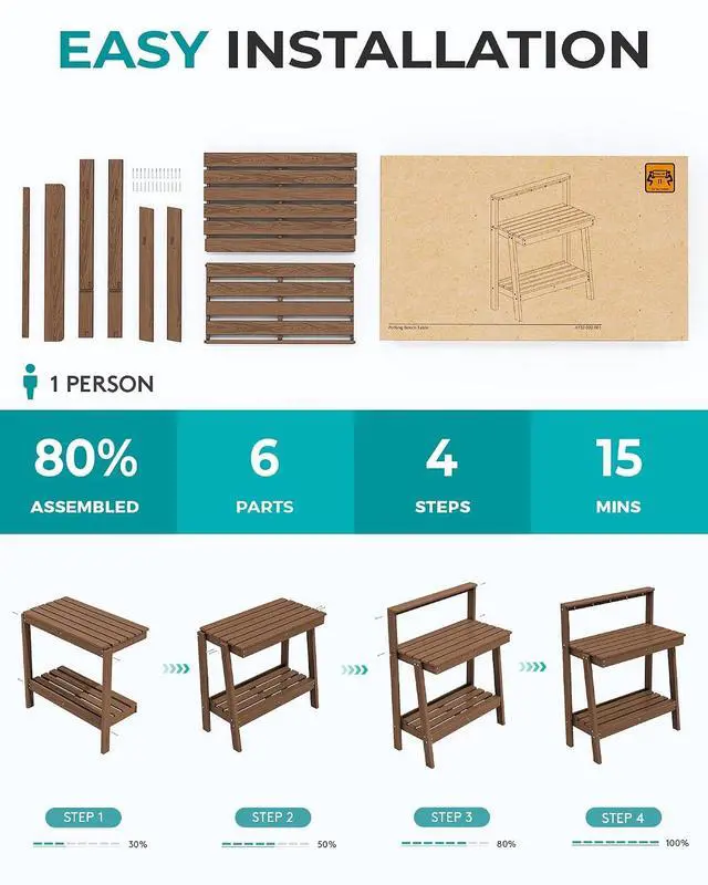 Alt view image 6 of 7 - Outdoor Potting Bench with Storage, 3-Tier HDPE Gardening Table with Angled Legs & Tool Hooks, All-Weather Use Heavy Duty Potting Table for Patio, Backyard, Garden, Brown