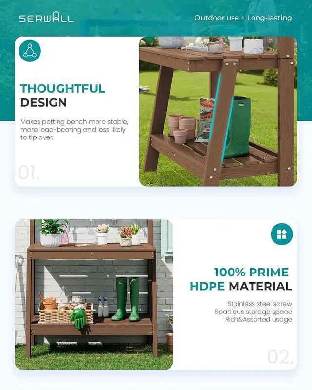 Alt view image 7 of 7 - Outdoor Potting Bench with Storage, 3-Tier HDPE Gardening Table with Angled Legs & Tool Hooks, All-Weather Use Heavy Duty Potting Table for Patio, Backyard, Garden, Brown