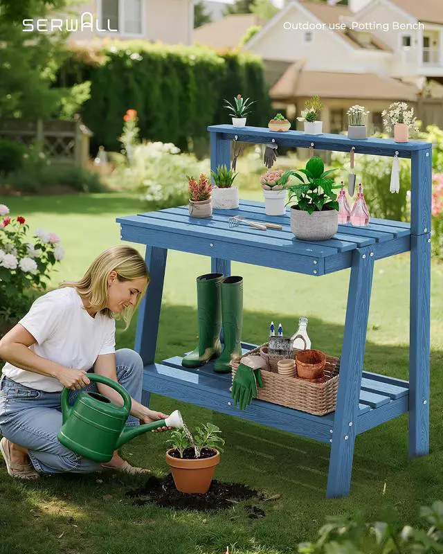 Alt view image 4 of 7 - Potting Bench Outdoor with Storage, 3-Tier HDPE Gardening Table with Angled Legs & Tool Hooks, All-Weather Heavy Duty Potting Table for Patio, Backyard, Garden, Blue