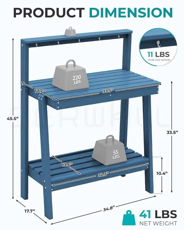 Alt view image 3 of 7 - Potting Bench Outdoor with Storage, 3-Tier HDPE Gardening Table with Angled Legs & Tool Hooks, All-Weather Heavy Duty Potting Table for Patio, Backyard, Garden, Blue