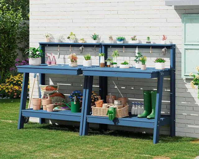 Main image of Potting Bench Outdoor with Storage Set of 2, 3-Tier HDPE Gardening Table with Angled Legs & Tool Hooks, All-Weather Heavy Duty Potting Table for Patio, Backyard, Garden, Blue