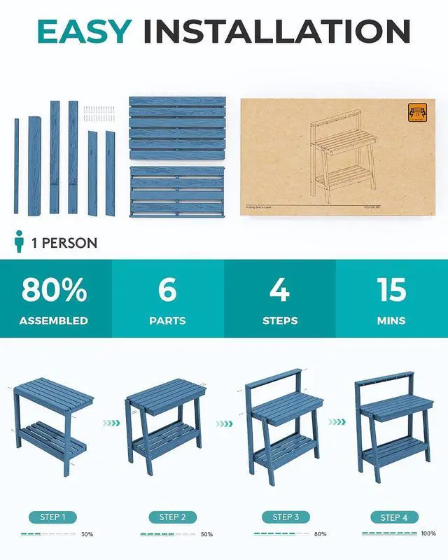Alt view image 5 of 7 - Potting Bench Outdoor with Storage, 3-Tier HDPE Gardening Table with Angled Legs & Tool Hooks, All-Weather Heavy Duty Potting Table for Patio, Backyard, Garden, Blue