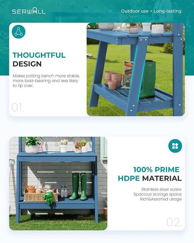 Alt view image 7 of 7 - Potting Bench Outdoor with Storage, 3-Tier HDPE Gardening Table with Angled Legs & Tool Hooks, All-Weather Heavy Duty Potting Table for Patio, Backyard, Garden, Blue