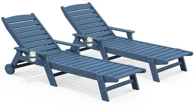 Main image of Patio Chaise Lounge Chair Set of 2, 78'' Long 5-Positions Adjustable HDPE Outdoor Lounger for Pool, Poly Lounge Chair with Rolling Wheels & Cup Holder for Poolside, Deck, Blue