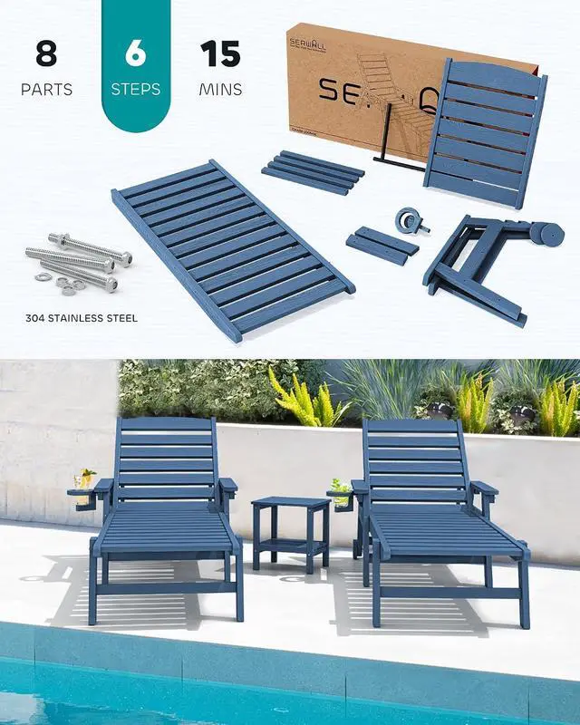 Alt view image 6 of 7 - Patio Chaise Lounge Chair Set of 2, 78'' Long 5-Positions Adjustable HDPE Outdoor Lounger for Pool, Poly Lounge Chair with Rolling Wheels & Cup Holder for Poolside, Deck, Blue