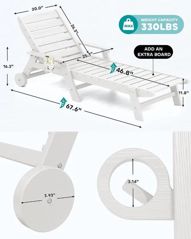 Alt view image 2 of 6 - Patio Chaise Lounge Chair Set of 4, 5 Positions Adjustable Poly Outdoor Lounger for Pool, HDPE Lounge Chair with Rolling Wheels & Cup Holder for Poolside, Deck, White