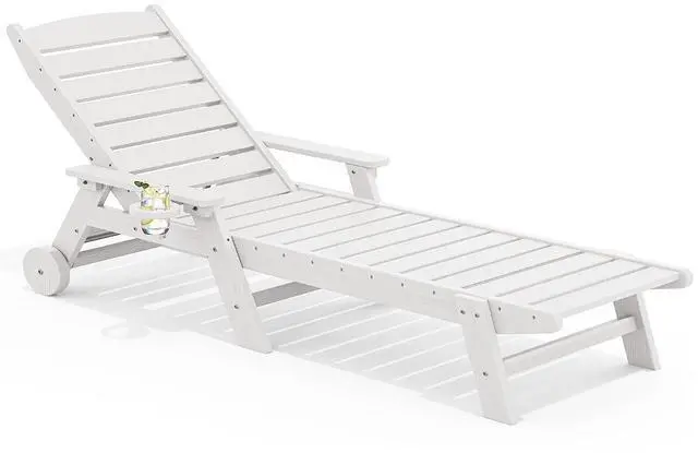 Main image of Patio Chaise Lounge Chair, 78'' Long HDPE 5 Positions Adjustable Outdoor Lounger, Poly Lounge Chair with Rolling Wheels & Cup Holder for Pool, Light White