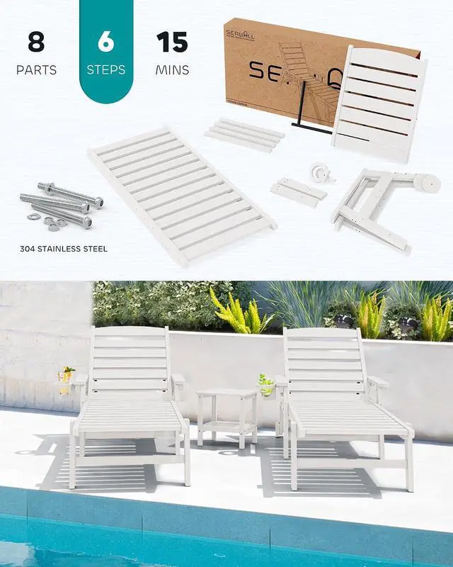 Alt view image 5 of 6 - Patio Chaise Lounge Chair Set of 4, 5 Positions Adjustable Poly Outdoor Lounger for Pool, HDPE Lounge Chair with Rolling Wheels & Cup Holder for Poolside, Deck, White