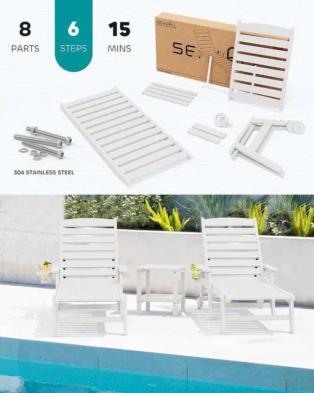 Alt view image 7 of 7 - Patio Chaise Lounge Chair, 78'' Long HDPE 5 Positions Adjustable Outdoor Lounger, Poly Lounge Chair with Rolling Wheels & Cup Holder for Pool, Light White