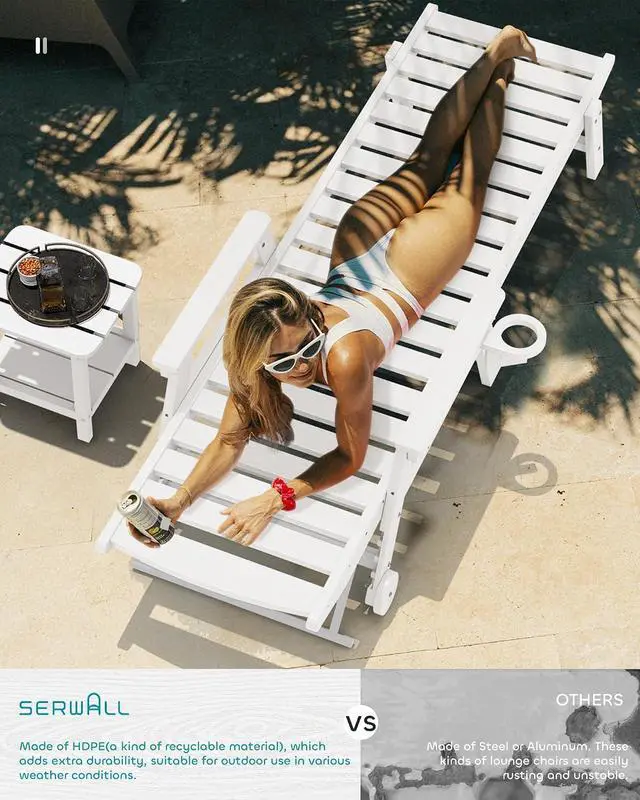 Alt view image 2 of 7 - Patio Chaise Lounge Chair Set of 2 with 9FT Patio Umbrella, 78'' HDPE Outdoor Lounger, Poly Lounge Chair with Rolling Wheels & Cup Holder for Pool,Light White (Umbreall Base not Included)