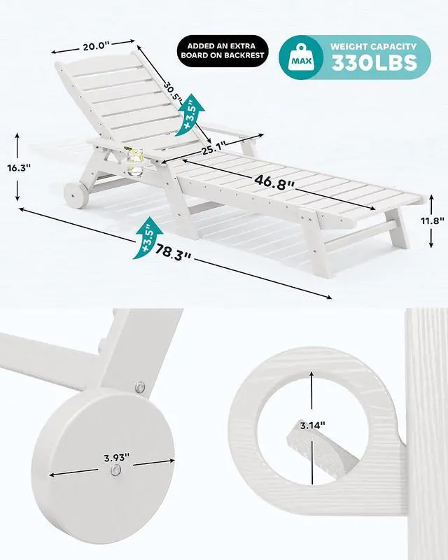 Alt view image 6 of 7 - Patio Chaise Lounge Chair Set of 2 with 9FT Patio Umbrella, 78'' HDPE Outdoor Lounger, Poly Lounge Chair with Rolling Wheels & Cup Holder for Pool,Light White (Umbreall Base not Included)