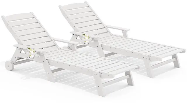 Main image of Patio Chaise Lounge Chair Set of 2, 78'' Long 5-Positions Adjustable HDPE Outdoor Lounger for Pool, Poly Lounge Chair with Rolling Wheels & Cup Holder for Poolside, Deck, White