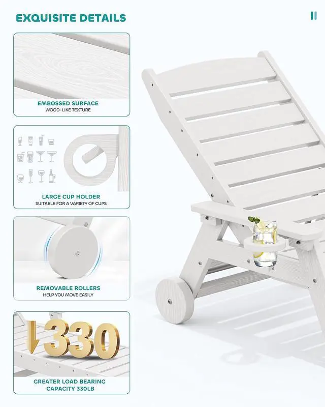 Alt view image 4 of 6 - Patio Chaise Lounge Chair Set of 4, 5 Positions Adjustable Poly Outdoor Lounger for Pool, HDPE Lounge Chair with Rolling Wheels & Cup Holder for Poolside, Deck, White