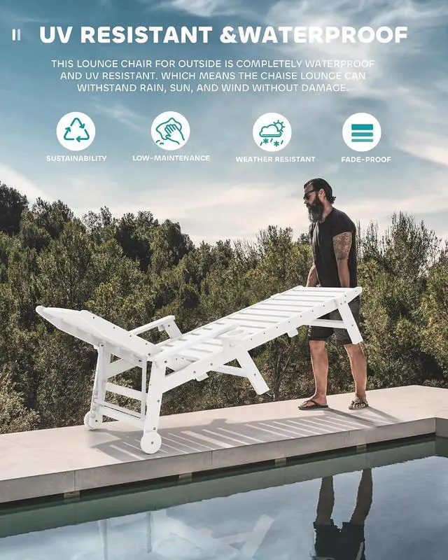 Alt view image 6 of 6 - Patio Chaise Lounge Chair Set of 4, 5 Positions Adjustable Poly Outdoor Lounger for Pool, HDPE Lounge Chair with Rolling Wheels & Cup Holder for Poolside, Deck, White