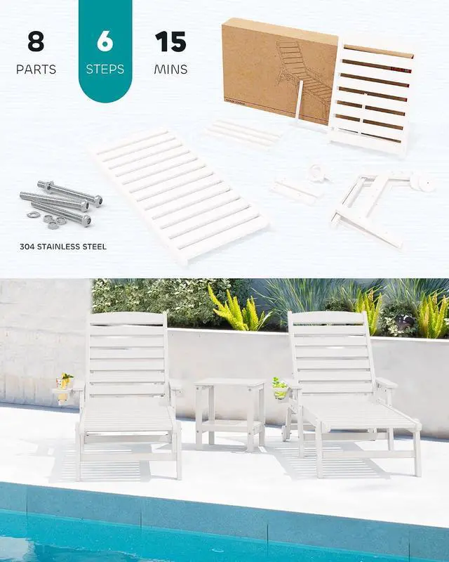 Alt view image 7 of 7 - Patio Chaise Lounge Chair Set of 2, 78'' Long 5-Positions Adjustable HDPE Outdoor Lounger for Pool, Poly Lounge Chair with Rolling Wheels & Cup Holder for Poolside, Deck, White
