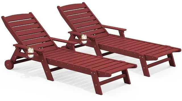 Main image of Patio Chaise Lounge Chair Set of 2, 78'' Long 5-Positions Adjustable HDPE Outdoor Lounger for Pool, Poly Lounge Chair with Rolling Wheels & Cup Holder for Poolside, Deck, Dark Red