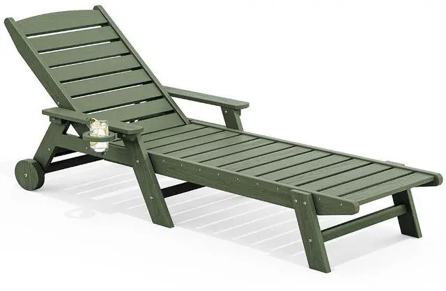 Main image of Patio Chaise Lounge Chair, 78'' Long HDPE 5 Positions Adjustable Outdoor Lounger, Poly Lounge Chair with Rolling Wheels & Cup Holder for Pool, Avocado Green