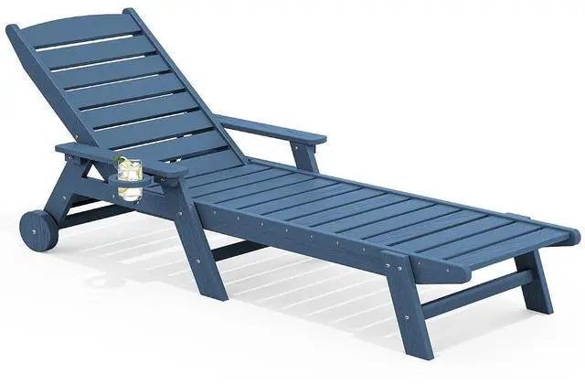 Main image of Patio Chaise Lounge Chair, 78'' Long HDPE 5 Positions Adjustable Outdoor Lounger, Poly Lounge Chair with Rolling Wheels & Cup Holder for Pool, Navy Blue