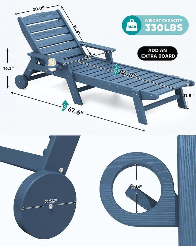 Alt view image 2 of 6 - Patio Chaise Lounge Chair Set of 4, 5 Positions Adjustable Poly Outdoor Lounger for Pool, HDPE Lounge Chair with Rolling Wheels & Cup Holder for Poolside, Deck, Blue