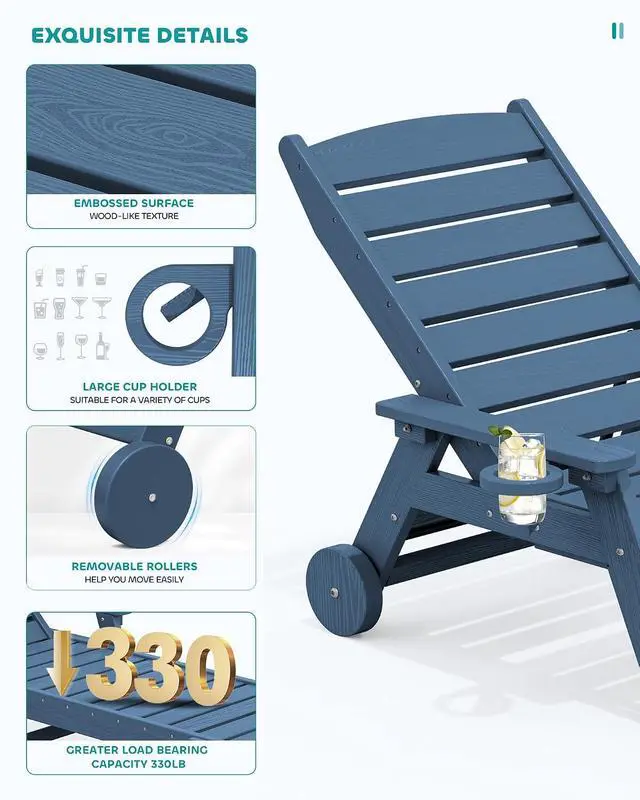 Alt view image 4 of 6 - Patio Chaise Lounge Chair Set of 4, 5 Positions Adjustable Poly Outdoor Lounger for Pool, HDPE Lounge Chair with Rolling Wheels & Cup Holder for Poolside, Deck, Blue