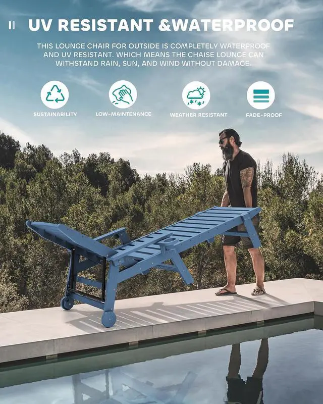 Alt view image 6 of 6 - Patio Chaise Lounge Chair Set of 4, 5 Positions Adjustable Poly Outdoor Lounger for Pool, HDPE Lounge Chair with Rolling Wheels & Cup Holder for Poolside, Deck, Blue