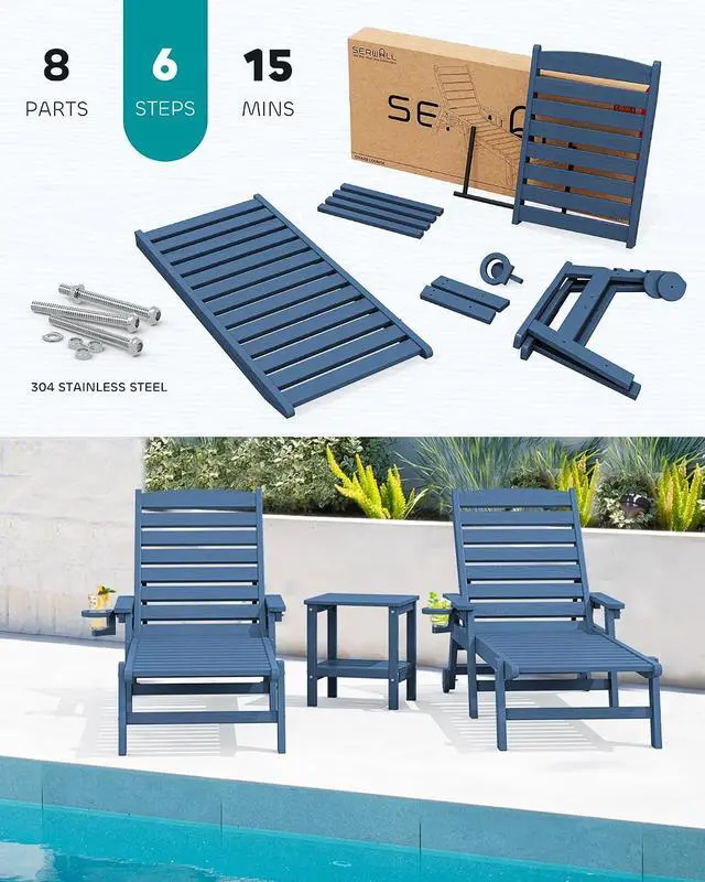 Alt view image 5 of 6 - Patio Chaise Lounge Chair Set of 4, 5 Positions Adjustable Poly Outdoor Lounger for Pool, HDPE Lounge Chair with Rolling Wheels & Cup Holder for Poolside, Deck, Blue