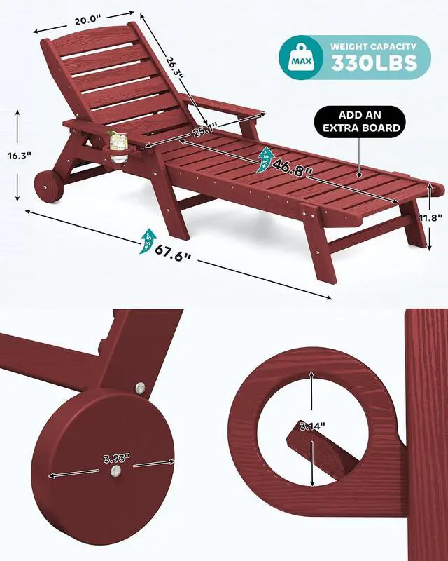 Alt view image 2 of 6 - Patio Chaise Lounge Chair Set of 4, 5 Positions Adjustable Poly Outdoor Lounger for Pool, HDPE Lounge Chair with Rolling Wheels & Cup Holder for Poolside, Deck, Dark Red