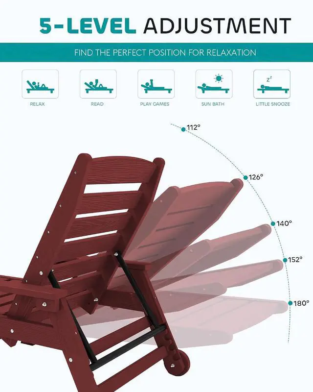 Alt view image 3 of 6 - Patio Chaise Lounge Chair Set of 4, 5 Positions Adjustable Poly Outdoor Lounger for Pool, HDPE Lounge Chair with Rolling Wheels & Cup Holder for Poolside, Deck, Dark Red