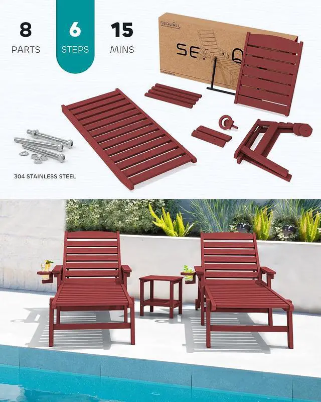 Alt view image 5 of 6 - Patio Chaise Lounge Chair Set of 4, 5 Positions Adjustable Poly Outdoor Lounger for Pool, HDPE Lounge Chair with Rolling Wheels & Cup Holder for Poolside, Deck, Dark Red