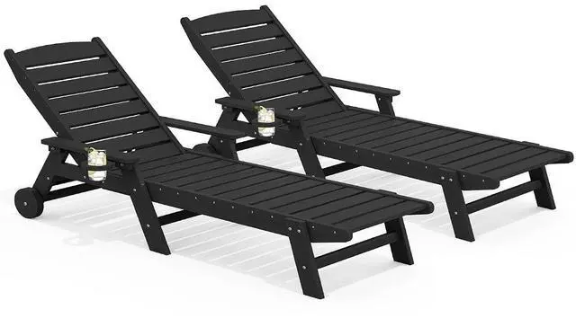 Main image of Patio Chaise Lounge Chair Set of 2, 78'' Long 5-Positions Adjustable HDPE Outdoor Lounger for Pool, Poly Lounge Chair with Rolling Wheels & Cup Holder for Poolside, Deck, Black