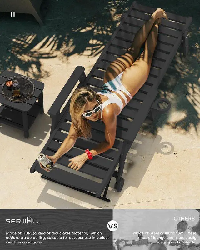 Alt view image 2 of 7 - Patio Chaise Lounge Chair Set of 2, 78'' Long 5-Positions Adjustable HDPE Outdoor Lounger for Pool, Poly Lounge Chair with Rolling Wheels & Cup Holder for Poolside, Deck, Black